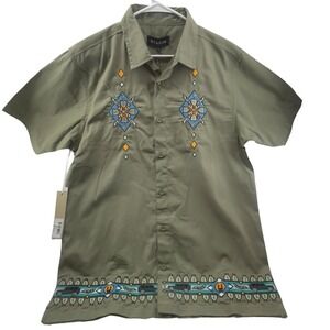 Reason Men Large Button‎ Down Shirt Olive Green Short Sleeve Zona Embroidery New